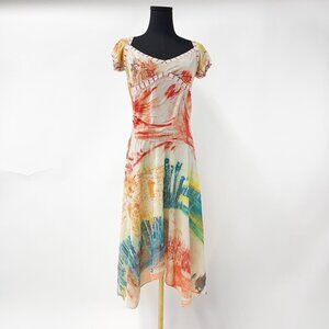 ITALIAN LEGATTE JEANS MESH ASYMMETRIC MIDI DRESS WITH CAP SLEEVES